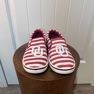 Red and White OU Athletic Shoes with Nautical Stripes